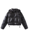 Women Shiny Cropped Puffer Jacket with Drawstring and Snap Button Placket Fashion Glam