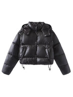 Women Shiny Cropped Puffer Jacket with Drawstring and Snap Button Placket Fashion Glam