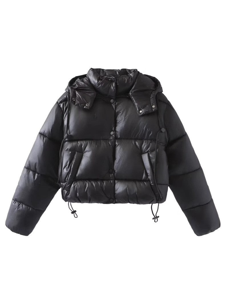 Women Shiny Cropped Puffer Jacket with Drawstring and Snap Button Placket Fashion Glam