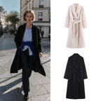 Women Long Tailored Wool Blend Coat with Tie Belt and Lapel Collar Fashion Glam