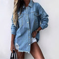 Women's Oversize Denim Shirt Jacket with Fringe Hem, Chest Pockets and Destroyed Detail Fashion Glam