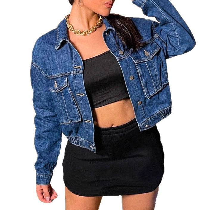 Women’s short-cut cropped denim jacket with elastic waistband and flap pockets Fashion Glam