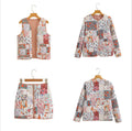 Women's quilted patchwork set consisting of jacket, vest, and mini skirt with floral print Fashion Glam