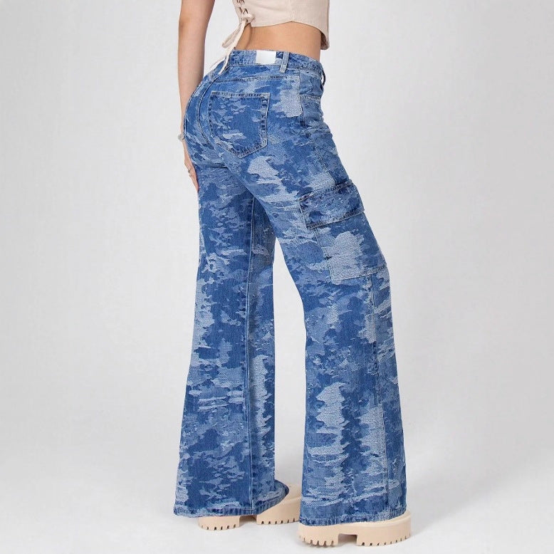 Women’s High-Waisted Palazzo Cargo Jeans made of Camouflage Denim with Patch Pockets Fashion Glam
