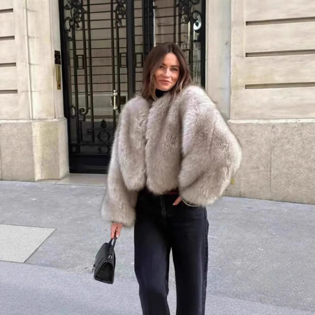 Women Cropped Faux Fur Bomber with Round Neck, Soft Draping High Pile and Boxy Silhouette Fashion Glam