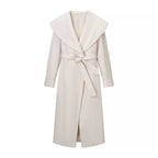 Ladies Maxi Coat with Oversized Shawl Collar, Wrap Belt and Rolled-Up Cuffs Fashion Glam