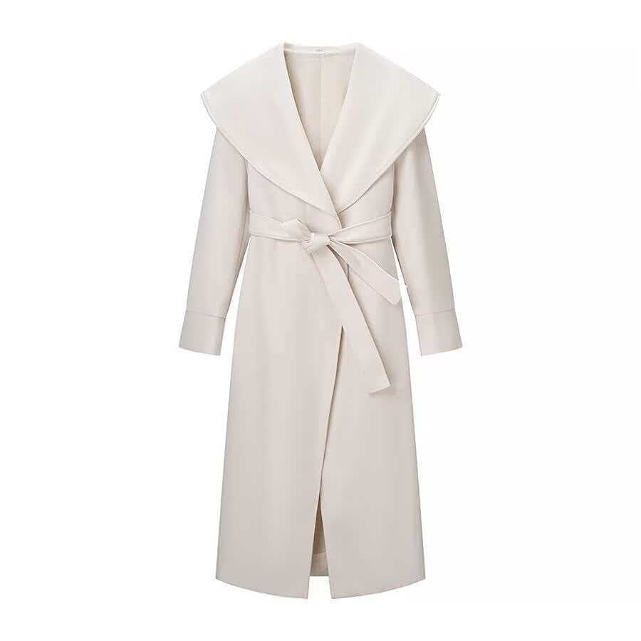 Ladies Maxi Coat with Oversized Shawl Collar, Wrap Belt and Rolled-Up Cuffs Fashion Glam