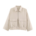 Women's Boxy Cropped Utility Jacket with Zipper Flap Pockets and Elastic Hem Fashion Glam