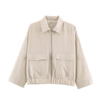 Women's Boxy Cropped Utility Jacket with Zipper Flap Pockets and Elastic Hem Fashion Glam