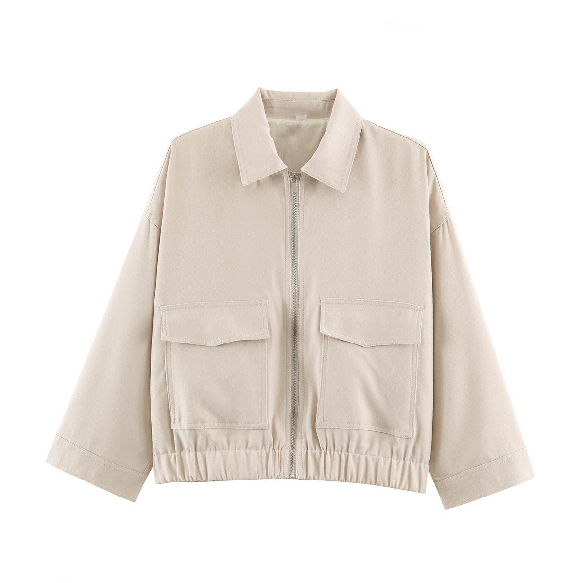Women's Boxy Cropped Utility Jacket with Zipper Flap Pockets and Elastic Hem Fashion Glam