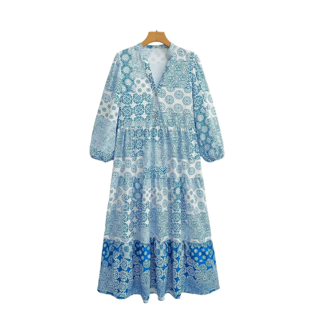 Women's maxi dress in patchwork print with V-neck, tiered skirt, and 3/4 sleeves Fashion Glam