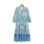 Women's maxi dress in patchwork print with V-neck, tiered skirt, and 3/4 sleeves Fashion Glam