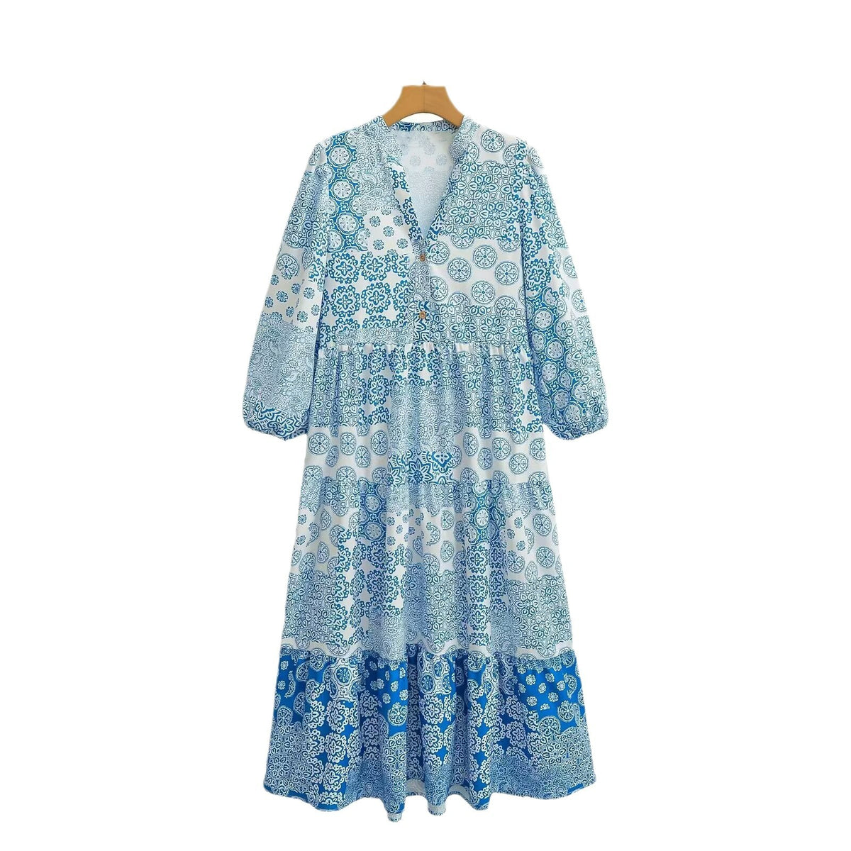 Women's maxi dress in patchwork print with V-neck, tiered skirt, and 3/4 sleeves Fashion Glam