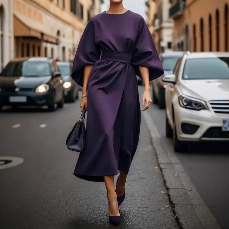 Ladies Elegant Midi Dress with Wide Kimono Sleeves and Fitted Wrap Waist Fashion Glam