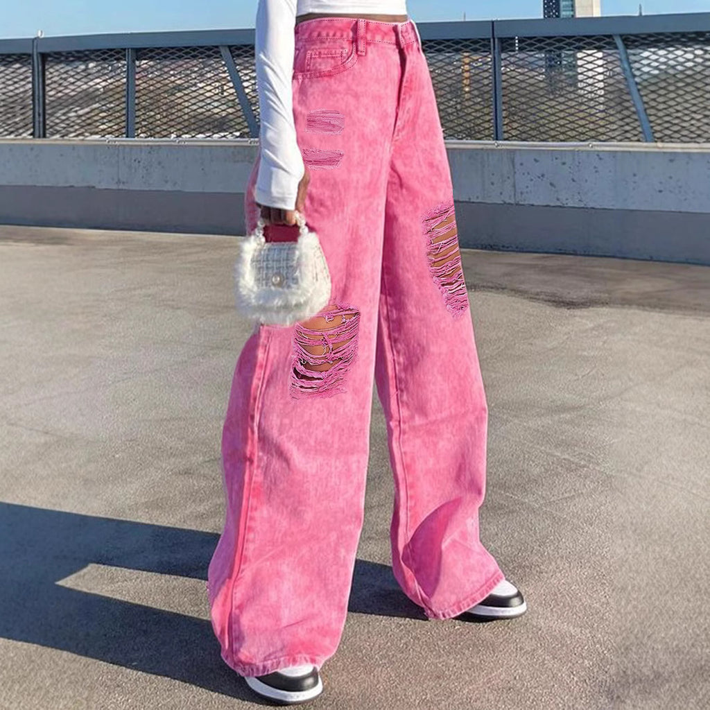 Women High-Waisted Wide Denim Palazzo Pants with Eye-Catching Ripped Inserts Fashion Glam