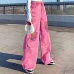 Women High-Waisted Wide Denim Palazzo Pants with Eye-Catching Ripped Inserts Fashion Glam