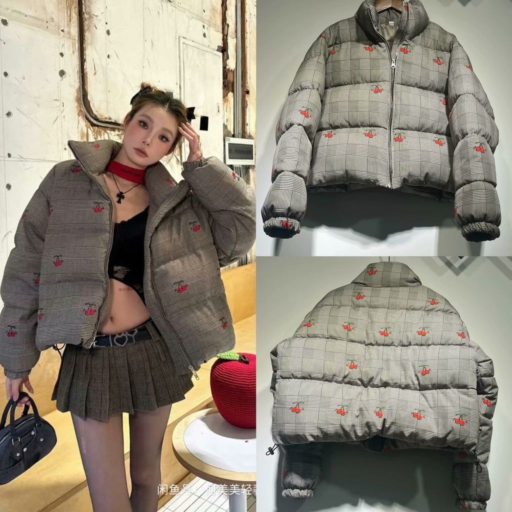 Women's short-cut quilted down-look jacket with stand-up collar and cherry embroidery Fashion Glam