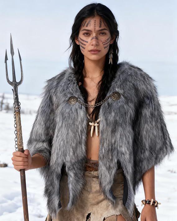 Women's short cape made of dense faux fur with decorative chain closure and zigzag hem Fashion Glam