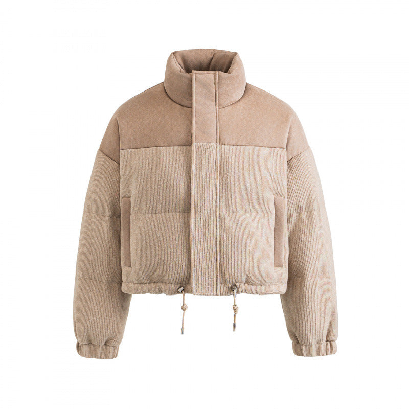Women's Short Quilted Stand Collar Jacket with Drawstring, Waffle Texture and Boxy Silhouette Fashion Glam