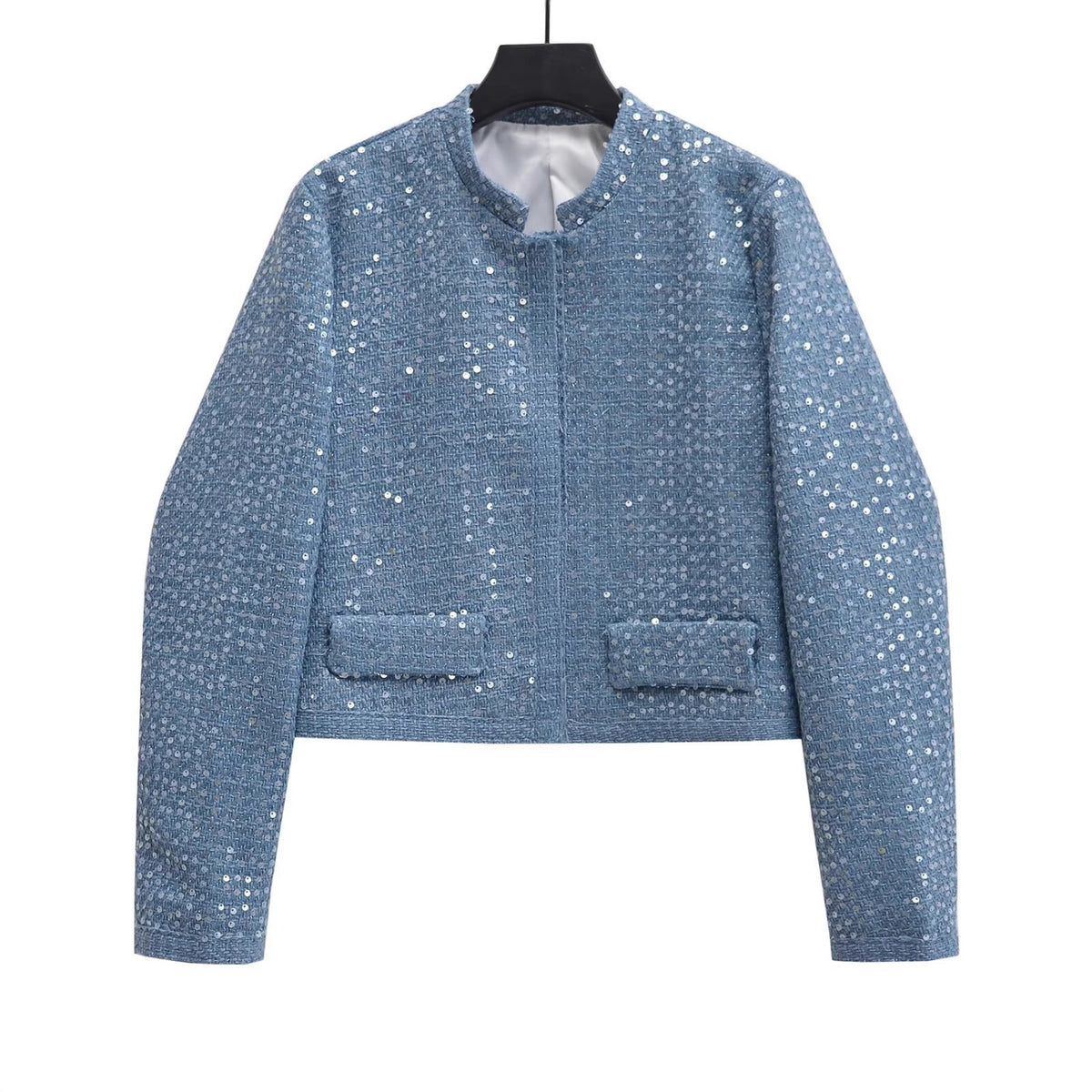 Women's Short Blazer Made of Boucle Tweed with Sequins and Flap Pockets Fashion Glam