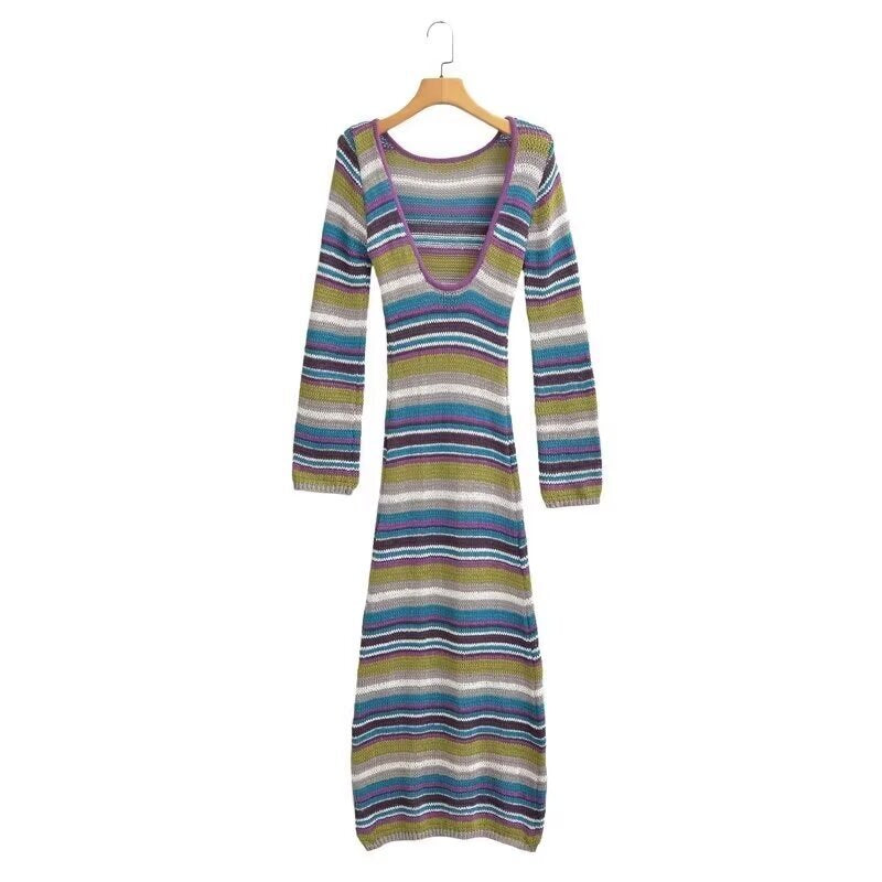 Women's Fitted Fine Knit Midi Dress with Striped Pattern and Round Neckline Fashion Glam