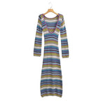 Women's Fitted Fine Knit Midi Dress with Striped Pattern and Round Neckline Fashion Glam