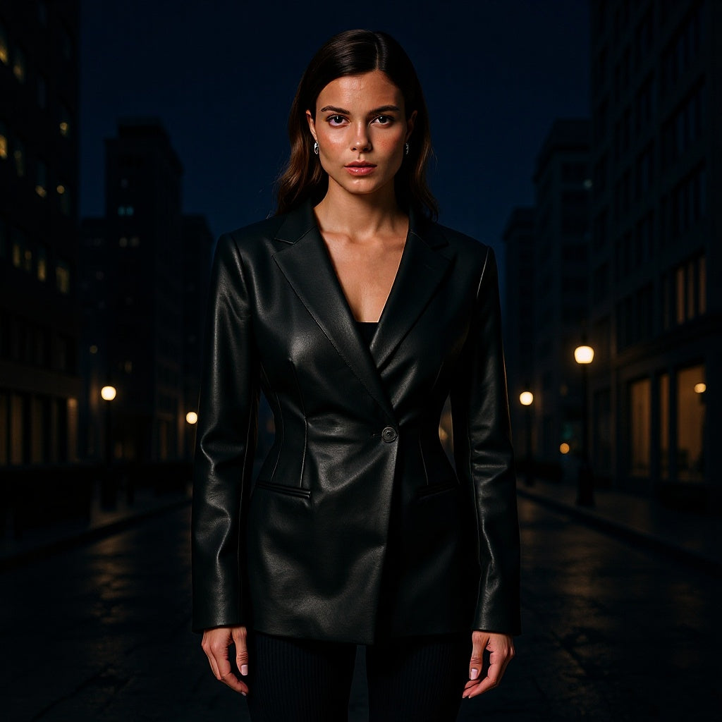 Women's Tailored Faux Leather Blazer with Single Button and Contoured Silhouette Fashion Glam