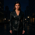 Women's Tailored Faux Leather Blazer with Single Button and Contoured Silhouette Fashion Glam
