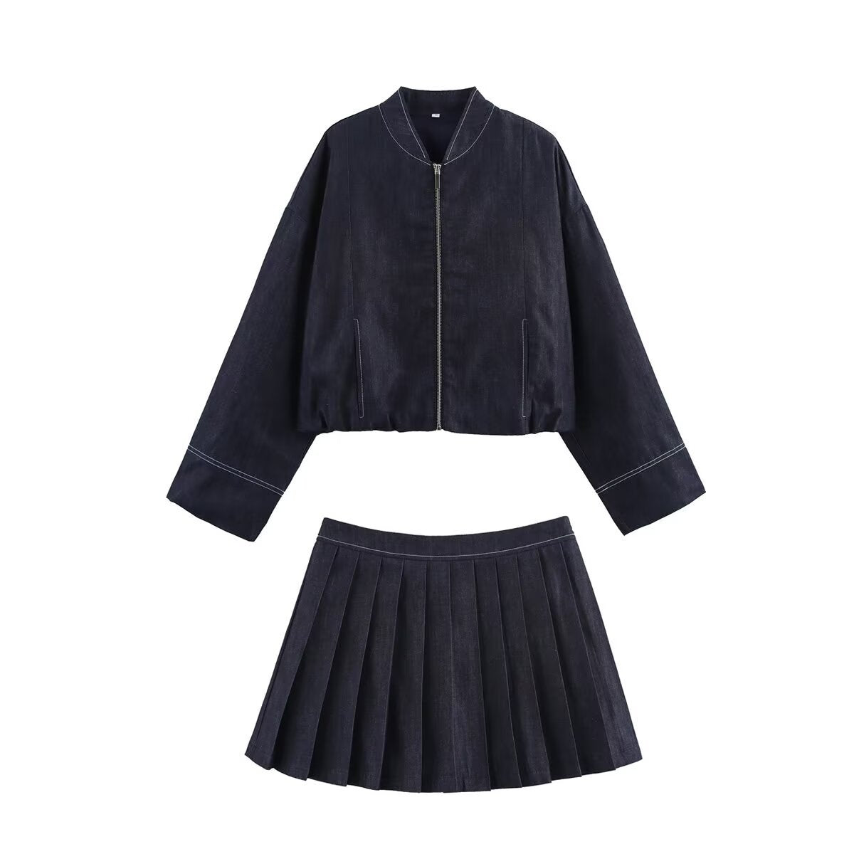 Women Cropped Denim Bomber Jacket with Dropped Shoulders and Contrast Stitch Fashion Glam