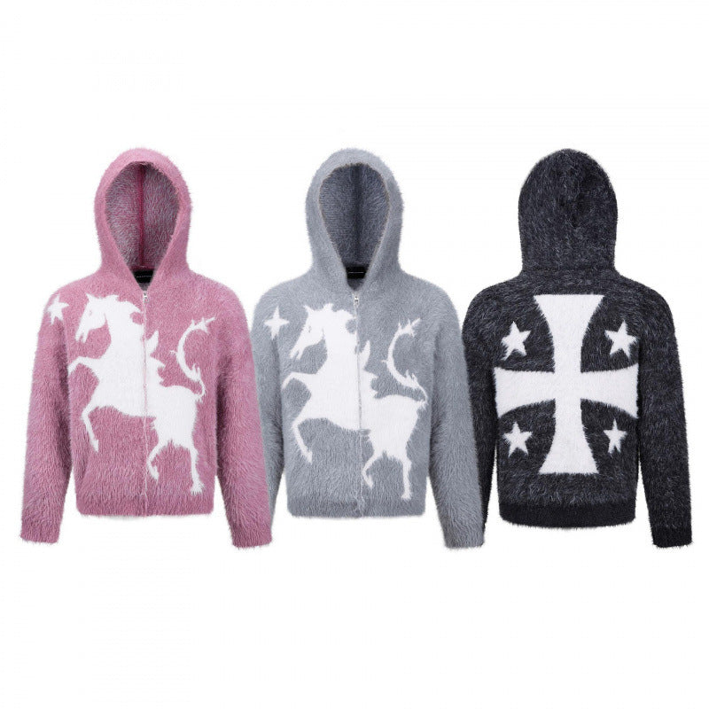 Unisex Fluffy Hoodie with Unicorn Motif and Continuous Zipper Fashion Glam