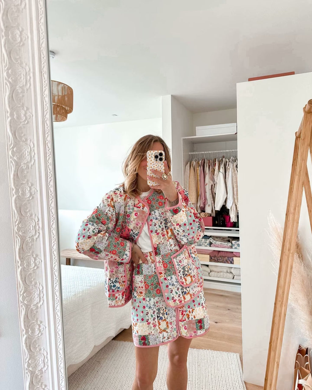 Women's quilted patchwork set consisting of jacket, vest, and mini skirt with floral print Fashion Glam