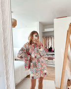 Women's quilted patchwork set consisting of jacket, vest, and mini skirt with floral print Fashion Glam