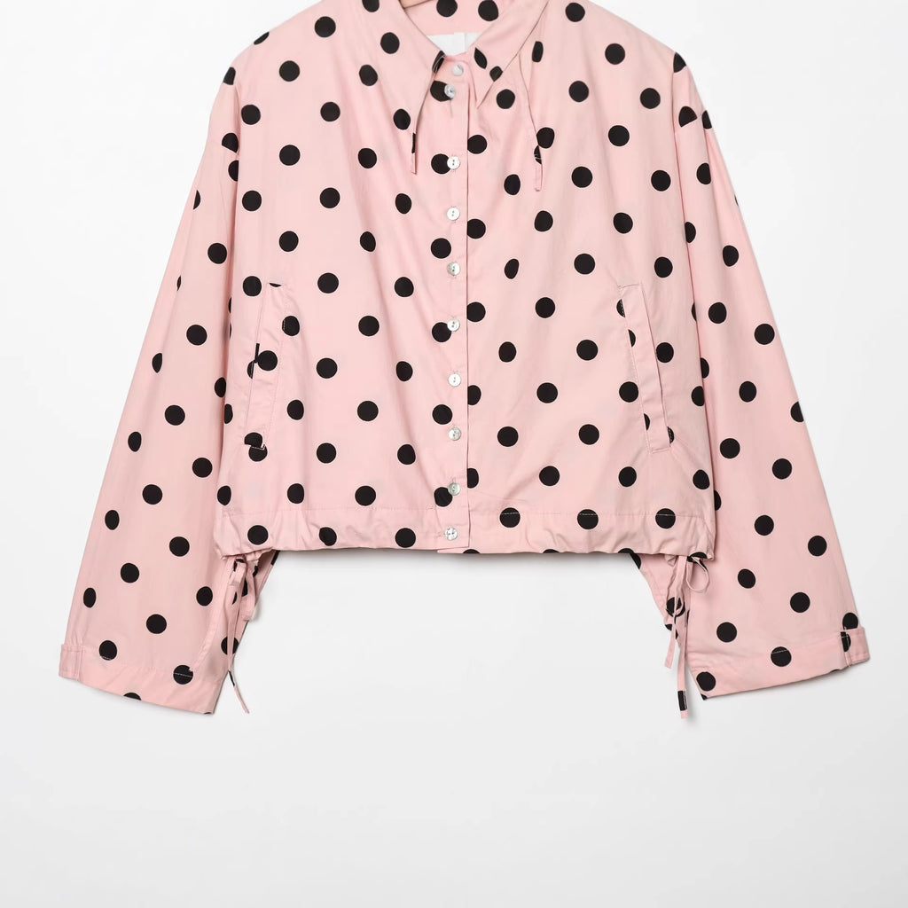 Women's Polka Dot Cropped Blouson Jacket with High Stand Collar, Drawstring and Button Placket Fashion Glam