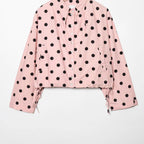 Women's Polka Dot Cropped Blouson Jacket with High Stand Collar, Drawstring and Button Placket Fashion Glam