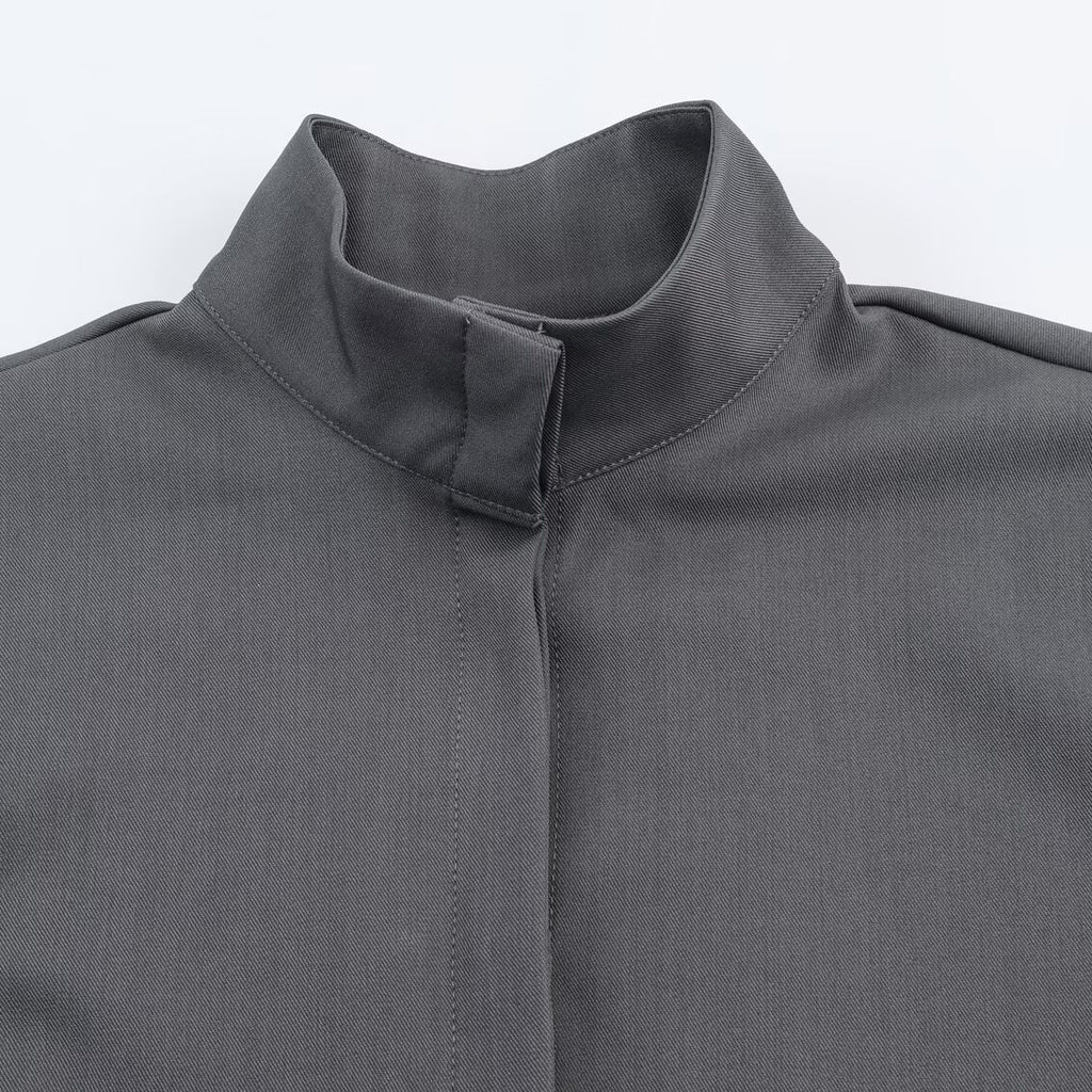 Women's loose-fitting tunic blouse with concealed button placket and stand-up collar Fashion Glam