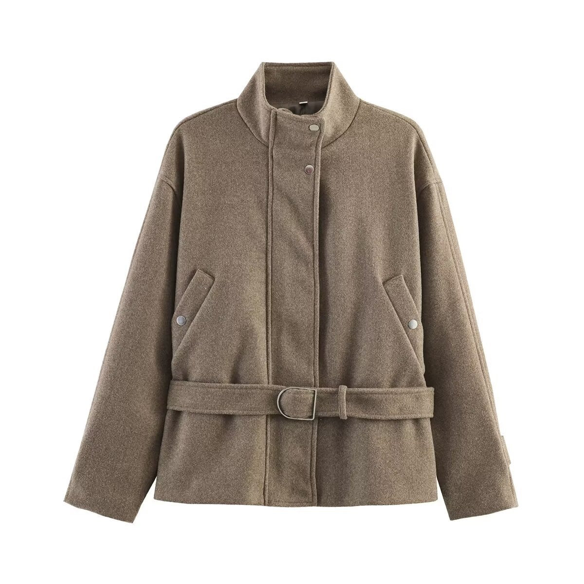 Women's Boxy Wool Jacket with Stand-Up Collar, Concealed Snap Button Placket and D-Ring Waist Belt Fashion Glam