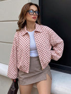 Women's Polka Dot Bomber Jacket with Zipper and Elastic Hem Fashion Glam