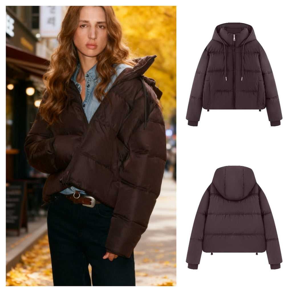 Women's Cropped Padded Jacket with High Hood, Drawstring and Ribbed Cuffs Fashion Glam