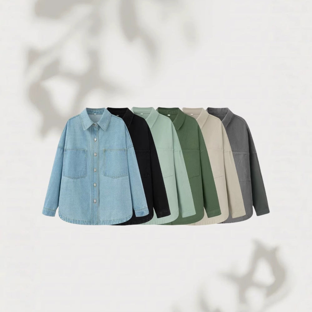 Women's Oversize Jeans Shirt Jacket in Boxy Cut with Patch Chest Pockets and Rounded Hem Fashion Glam