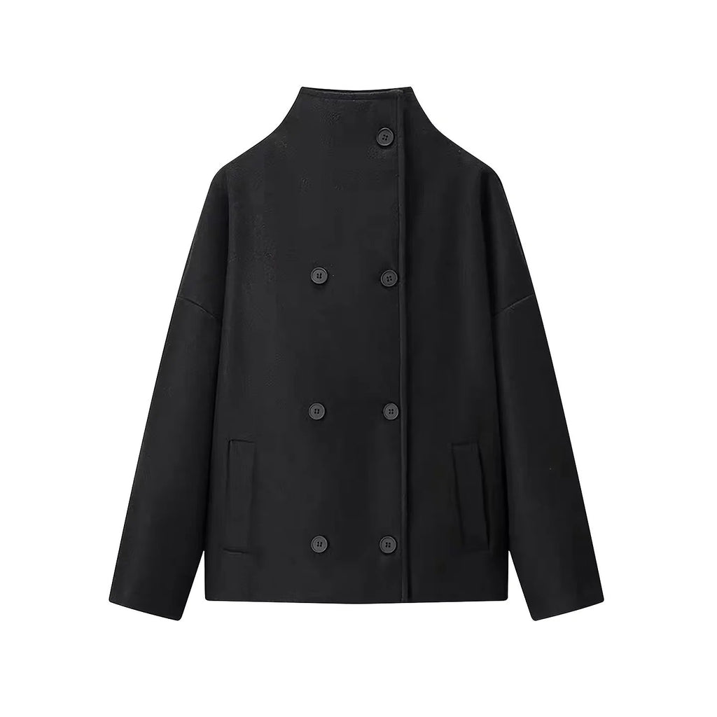 Women's Short Cut Boxy Wool Blend Coat with Stand-Up Collar and Concealed Double Button Placket Fashion Glam