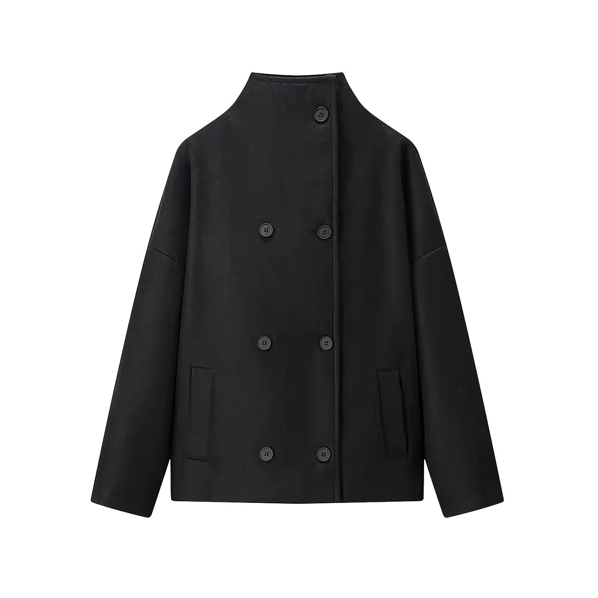 Women's Short Cut Boxy Wool Blend Coat with Stand-Up Collar and Concealed Double Button Placket Fashion Glam