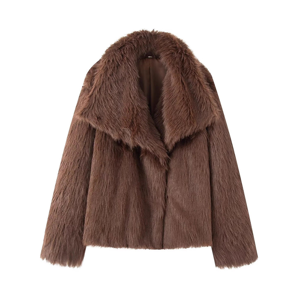 Women's Short Boxy Faux Fur Coat with Generous Shawl Collar and Soft Lining Fashion Glam