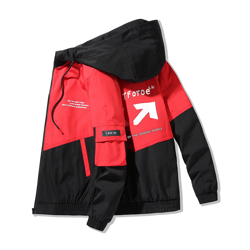Men's Colorblock Hooded Utility Jacket with Print Details and Tactical Pockets Fashion Glam