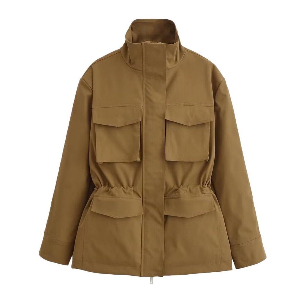 Women's utility jacket with drawstring waist, stand-up collar, and flap pockets Fashion Glam