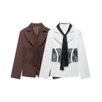 Women Tailored Blazer with Lace Inserts and Integrated Lace Scarf Fashion Glam