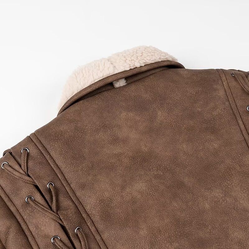Ladies Padded Short Jacket in Aviator Look with Teddy Lining and Waist Belt Fashion Glam