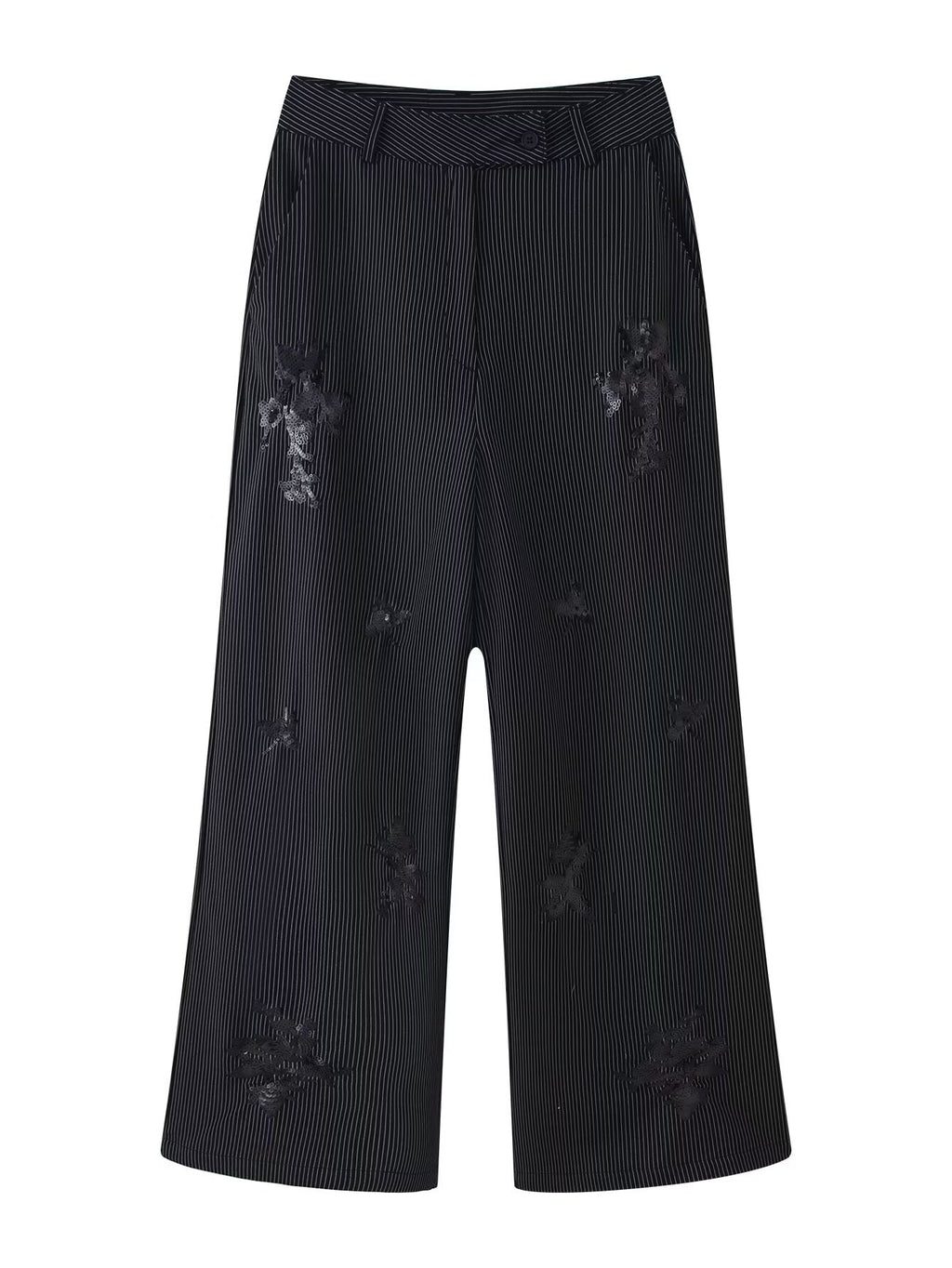 Women's High-Waisted Wide Marlene Trousers with Pinstripes and Sequin Embroidery Fashion Glam