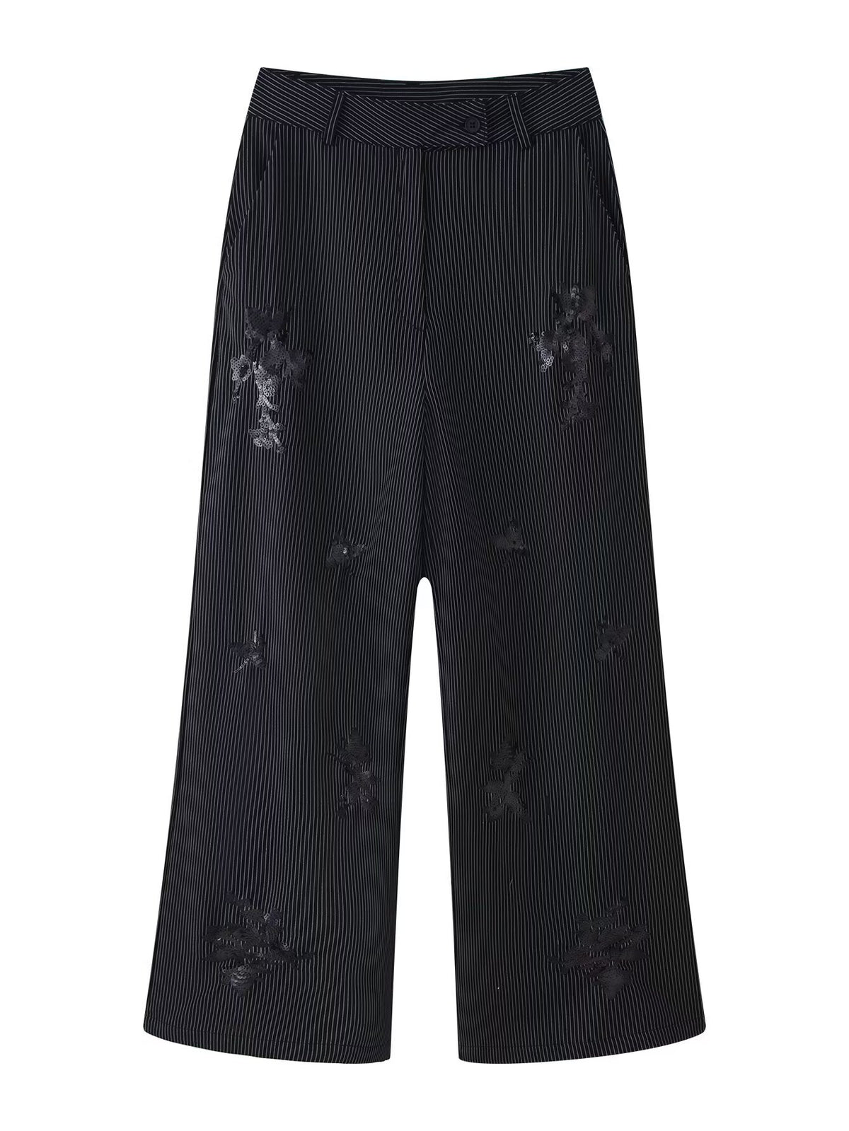 Women's High-Waisted Wide Marlene Trousers with Pinstripes and Sequin Embroidery Fashion Glam