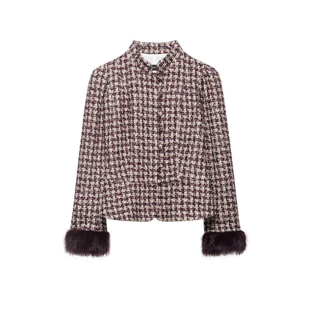 Women Boucle-Tweed Jacket with Stand-up Collar and Faux Fur Cuffs Fashion Glam