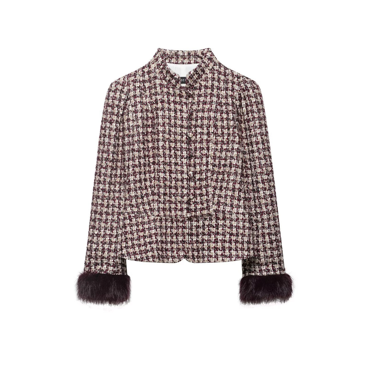 Women Boucle-Tweed Jacket with Stand-up Collar and Faux Fur Cuffs Fashion Glam